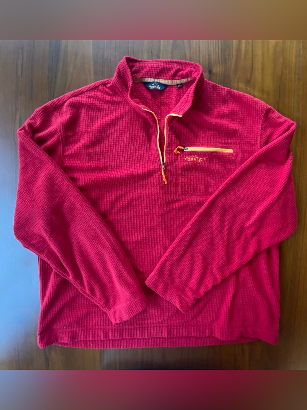 Orvis Trout Bum Red-Waffle Grid Fleece 1/4 Zip Pullover Yellow Trim Menβs XL
